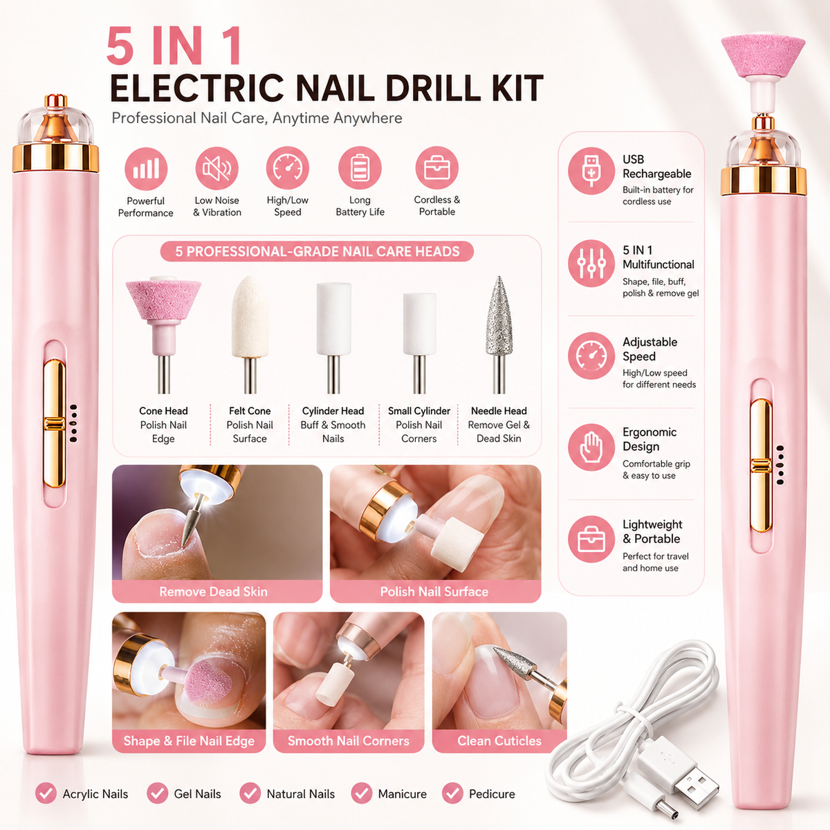 5-in-1 Electric Nail Drill Kit Cordless Portable Nail File Machine for Acrylic, Gel & Natural Nails