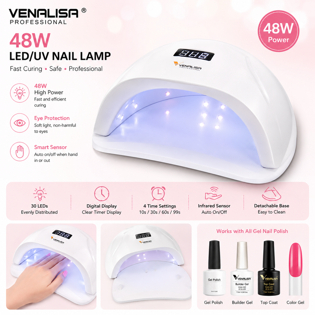 VENALISA Professional 48W UV LED Nail Lamp – Fast Dry Gel Nail Curing Lamp with Smart Sensor & Timer