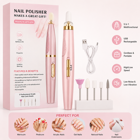 5-in-1 Electric Nail Drill Kit Cordless Portable Nail File Machine for Acrylic, Gel & Natural Nails