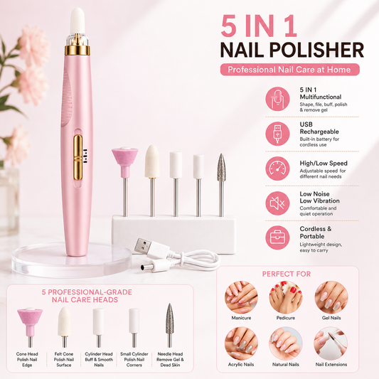 5-in-1 Electric Nail Drill Kit Cordless Portable Nail File Machine for Acrylic, Gel & Natural Nails